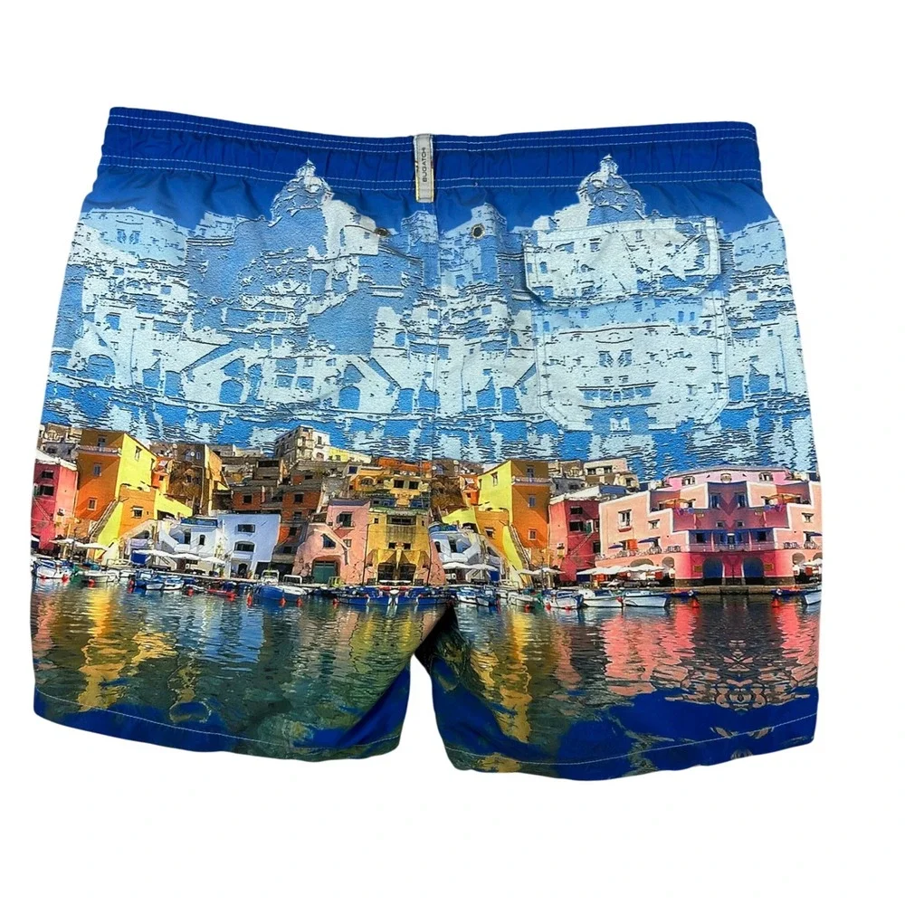 Bugatchi Mens Blue Coastal Village‎ Graphic Print Swim Trunks Mesh Lined Large